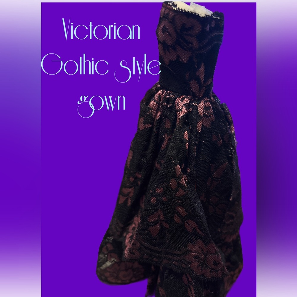 Gothic Mourning Gown for Dolls Elegant Black and Pink Lace Skirt - Picture 5 of 13